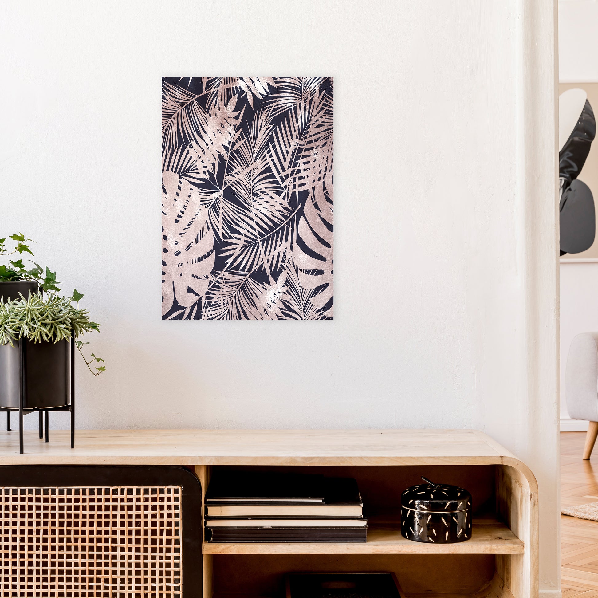 Lux Leaf Print Pink And Navy  Art Print by Pixy Paper A2 Black Frame