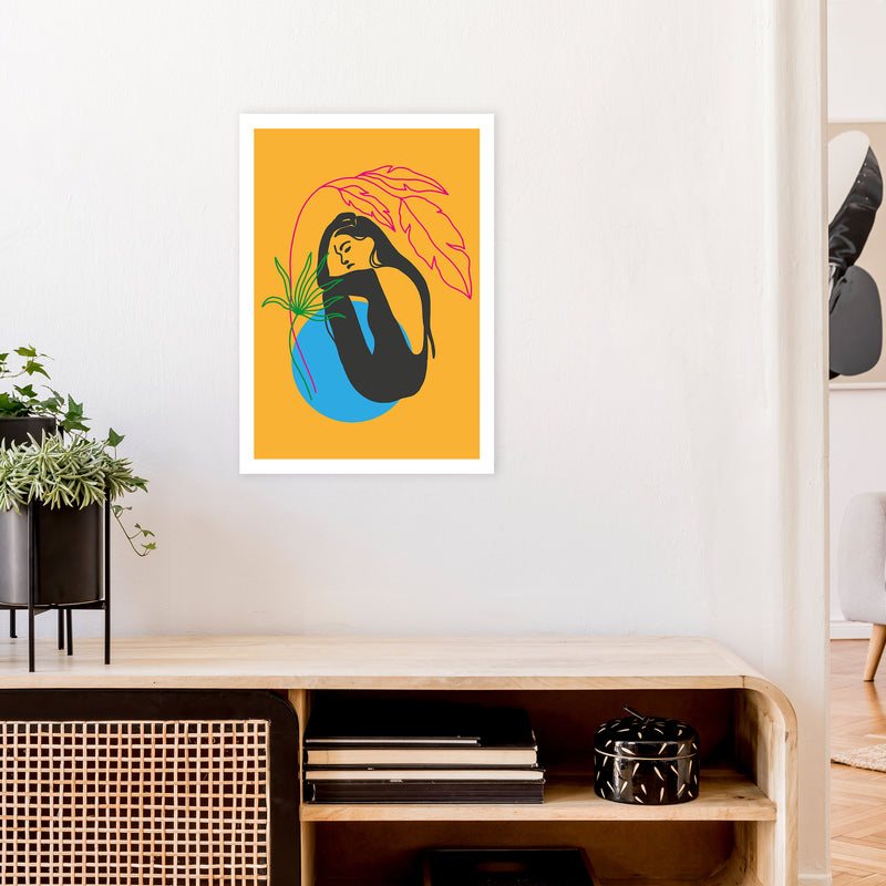 Girl Under Plant Yellow Neon Funk  Art Print by Pixy Paper A2 Black Frame