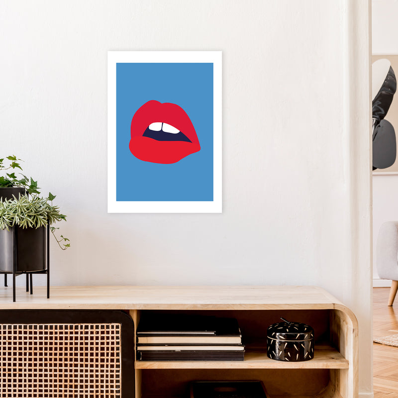 Red Lips Blue Back  Art Print by Pixy Paper A2 Black Frame