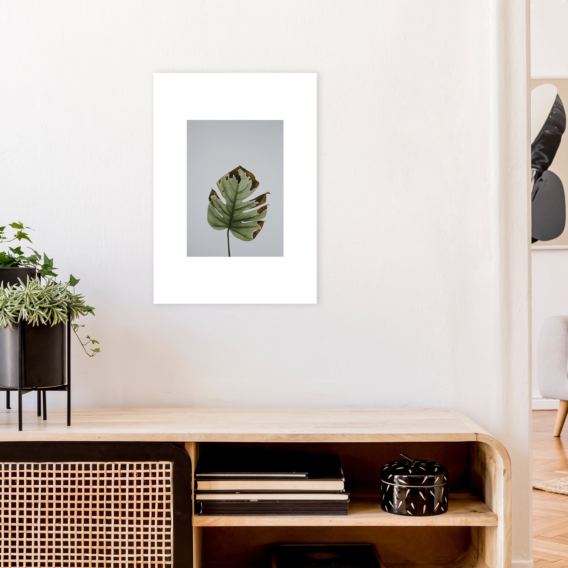 Old Leaf Grey Box  Art Print by Pixy Paper A2 Black Frame