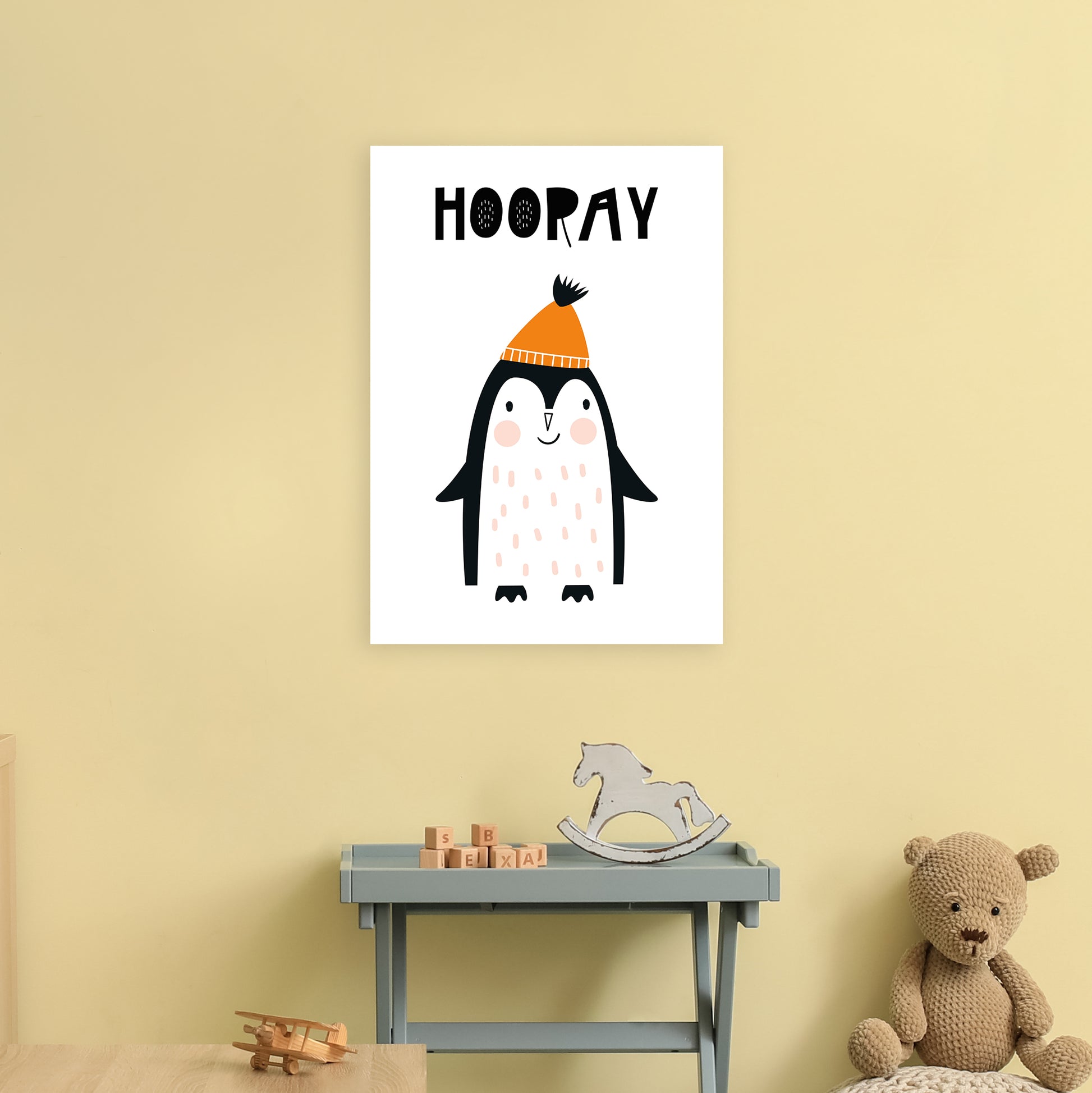 Hooray Penguin Animal  Art Print by Pixy Paper A2 Black Frame