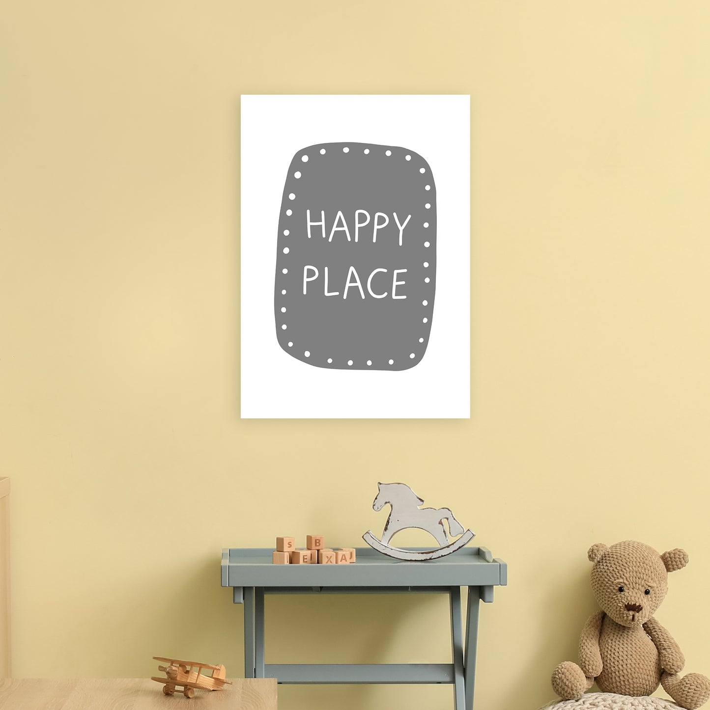 Happy Place Super Scandi Grey  Art Print by Pixy Paper A2 Black Frame
