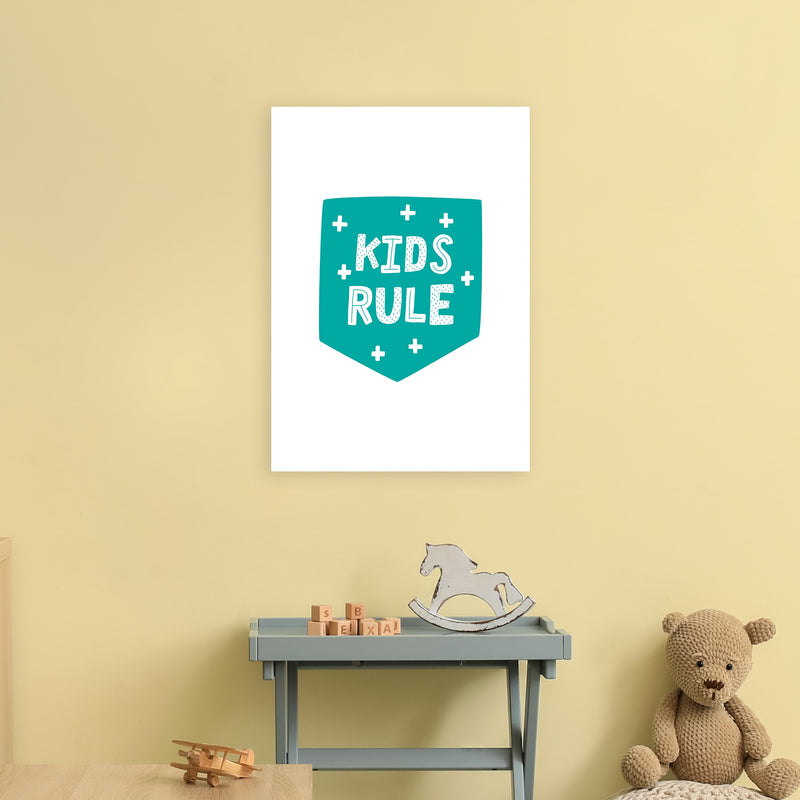Kids Rule Teal Super Scandi  Art Print by Pixy Paper A2 Black Frame