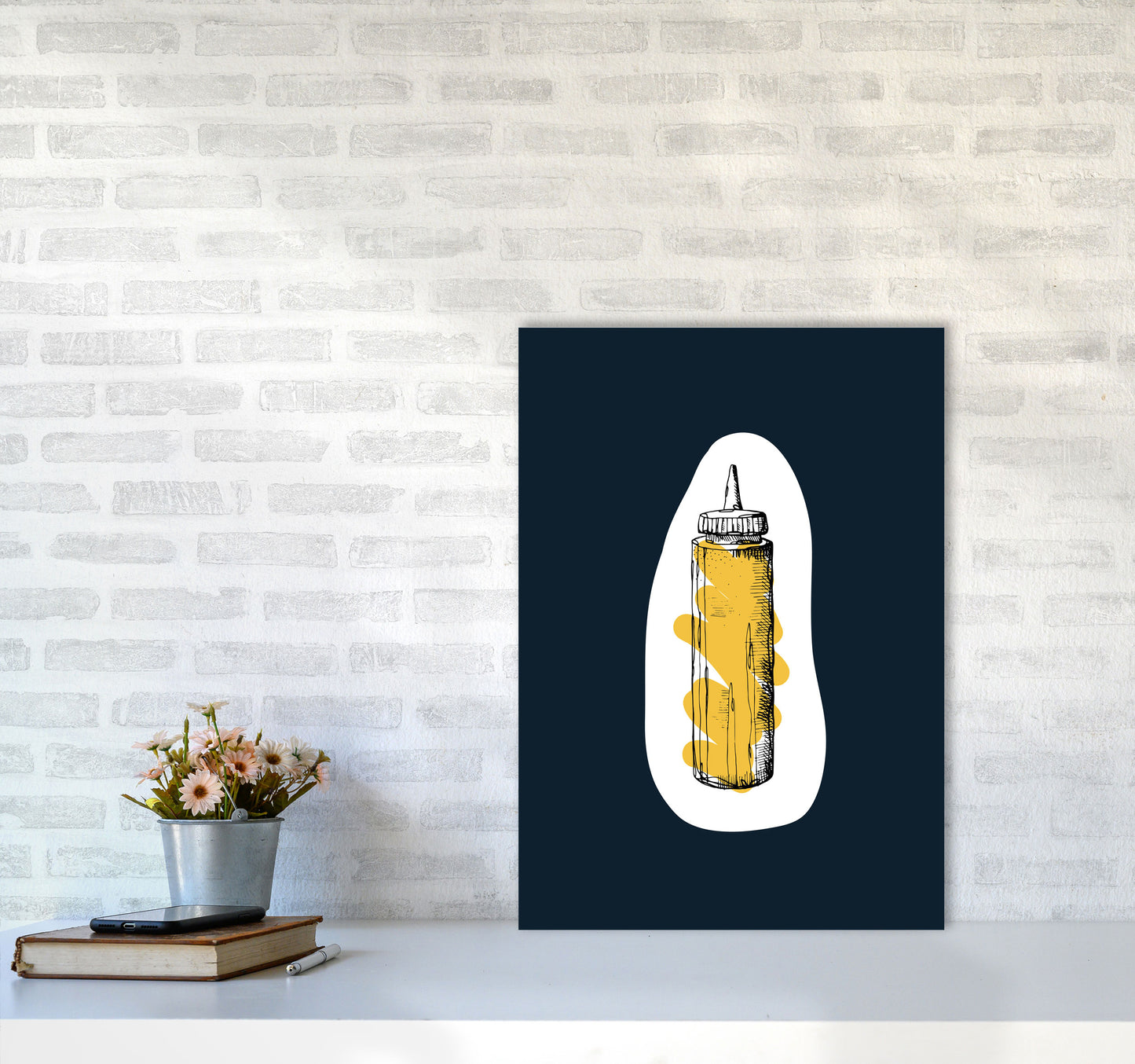 Kitchen Pop Mustard Navy Art Print by Pixy Paper A2 Black Frame