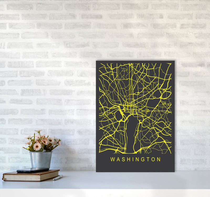 Washington Map Neon Art Print by Pixy Paper A2 Black Frame