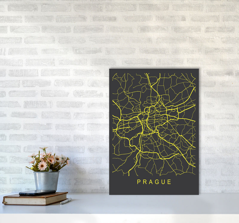 Prague Map Neon Art Print by Pixy Paper A2 Black Frame