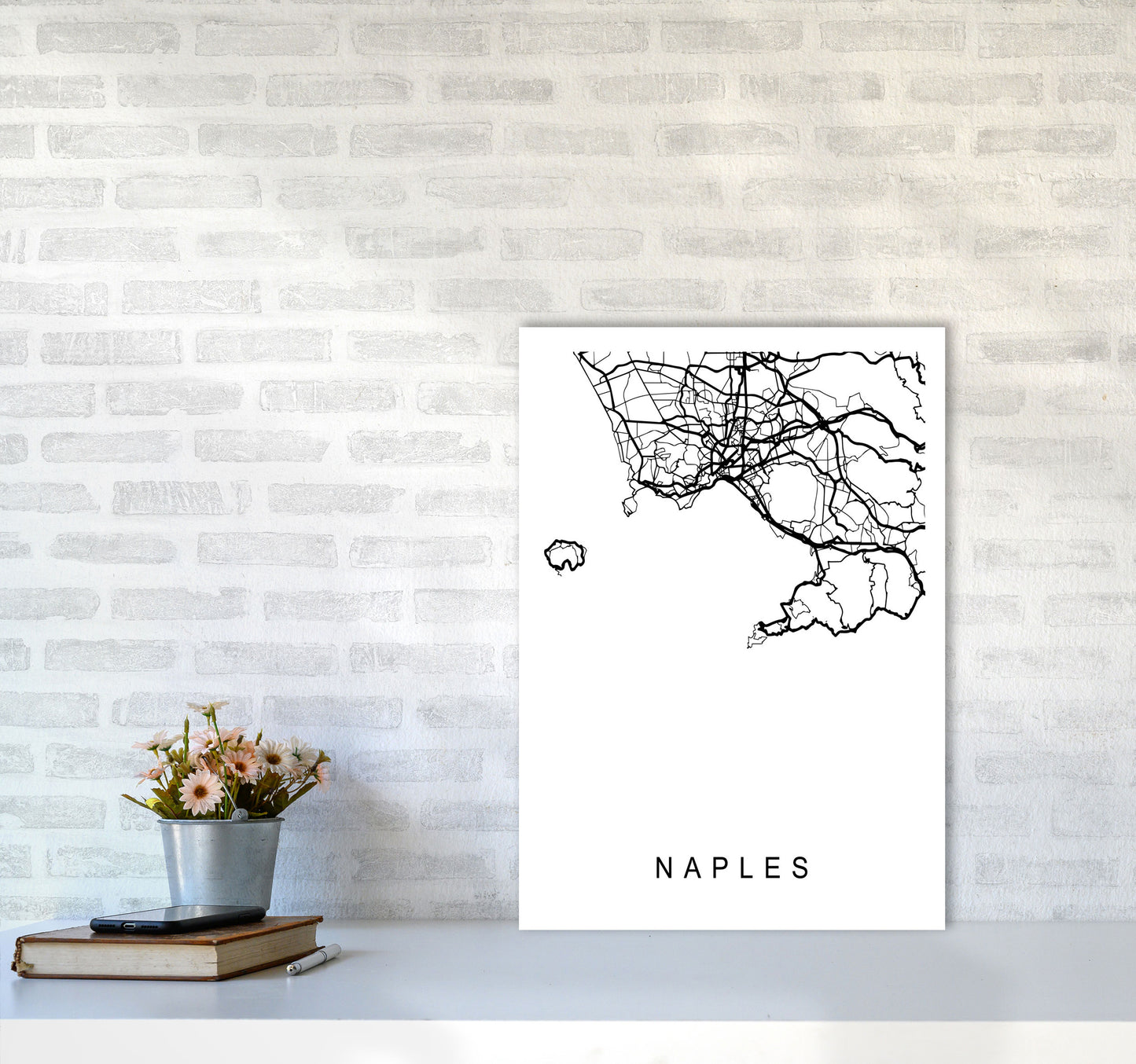 Naples Map Art Print by Pixy Paper A2 Black Frame
