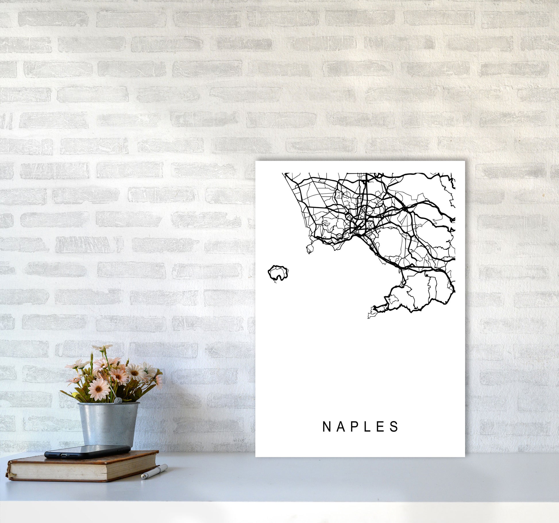 Naples Map Art Print by Pixy Paper A2 Black Frame