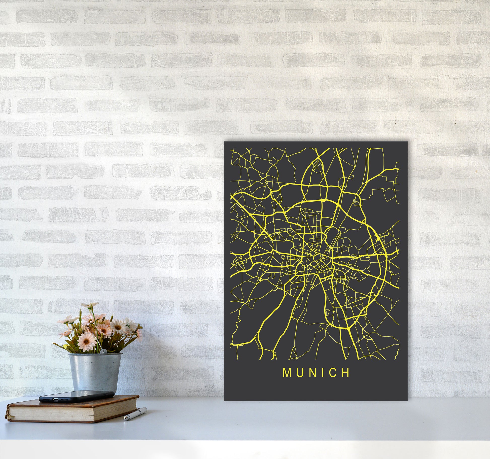 Munich Map Neon Art Print by Pixy Paper A2 Black Frame