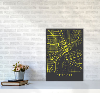 Detroit Map Neon Art Print by Pixy Paper A2 Black Frame