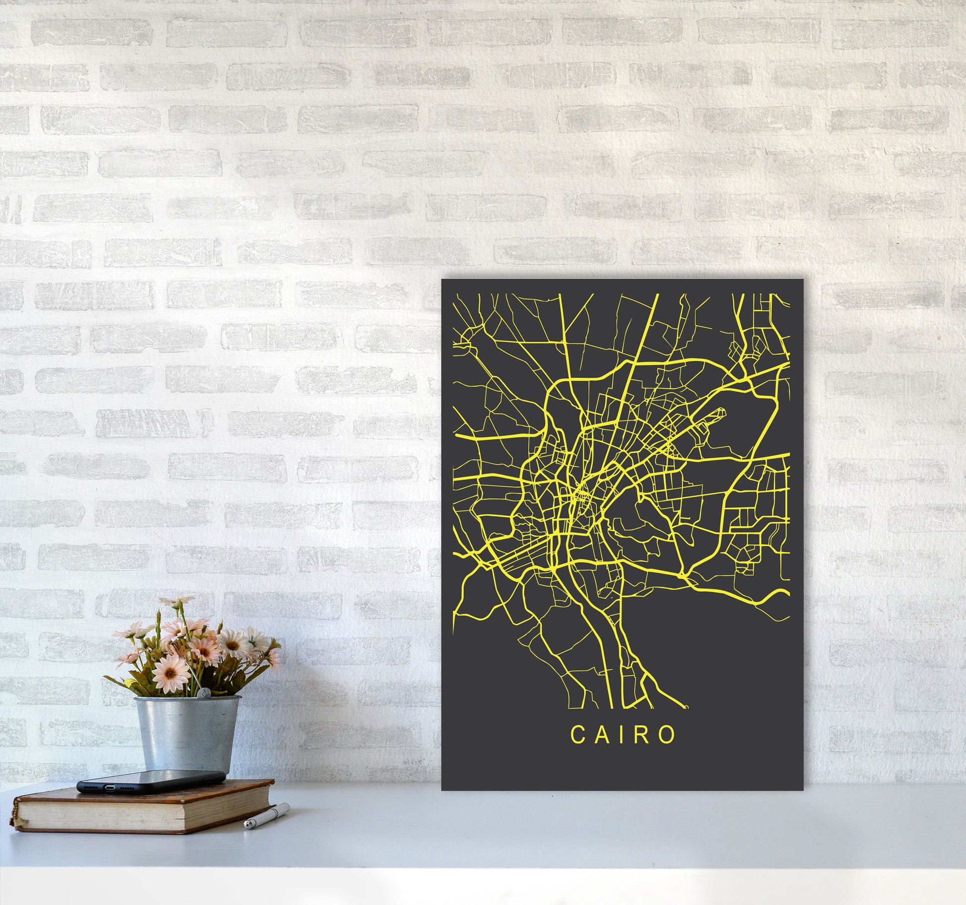 Cairo Map Neon Art Print by Pixy Paper A2 Black Frame