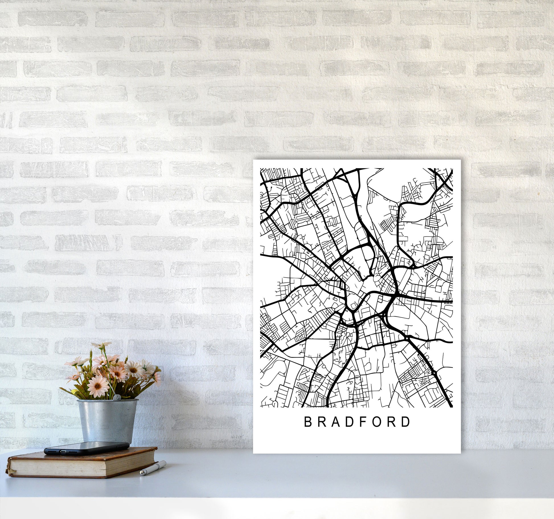 Bradford Map Art Print by Pixy Paper A2 Black Frame