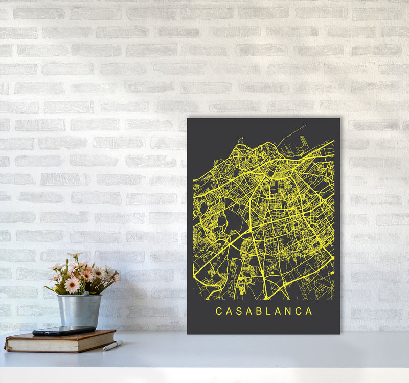 Casablanca Map Neon Art Print by Pixy Paper A2 Black Frame