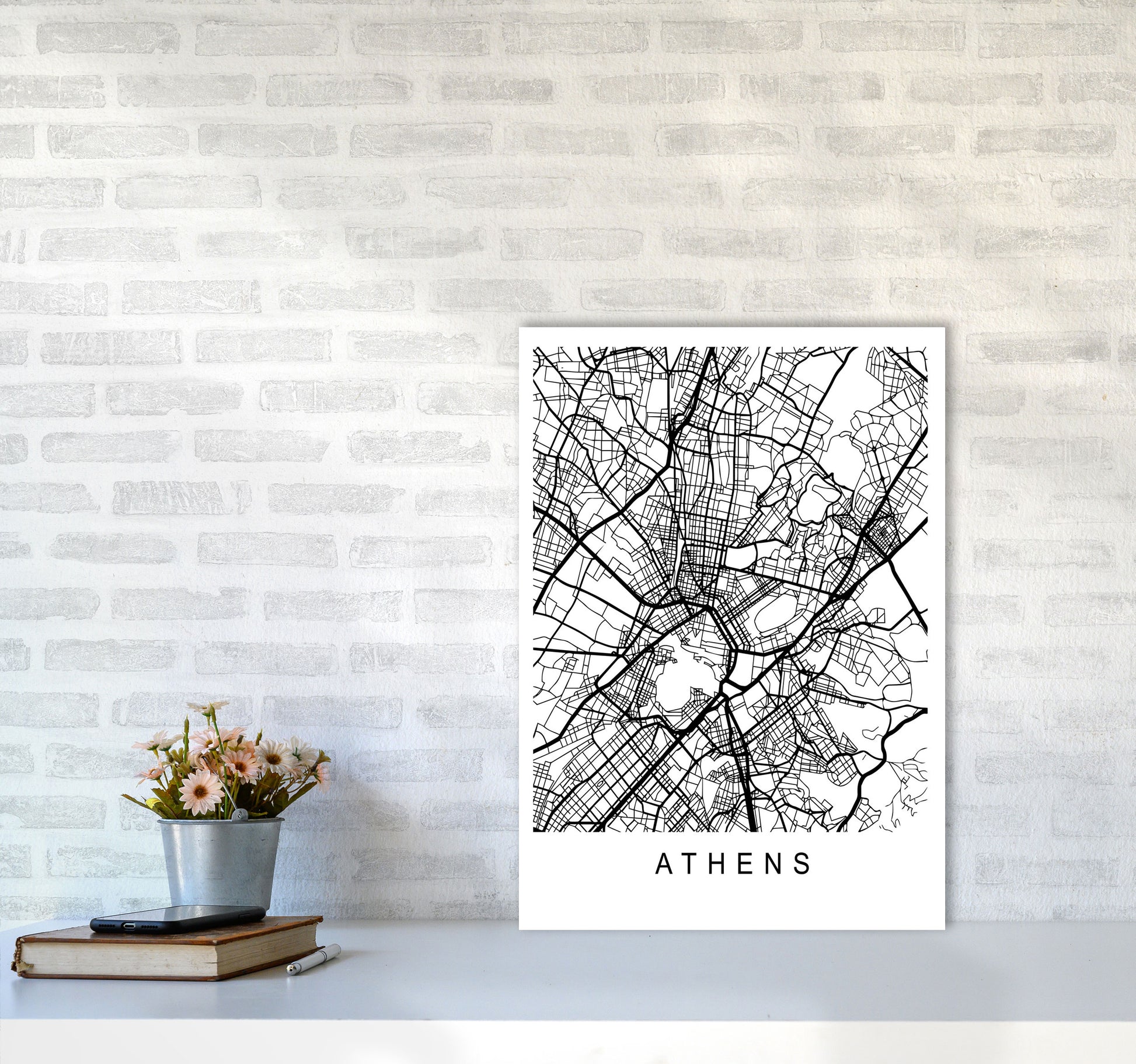 Athens Map Art Print by Pixy Paper A2 Black Frame