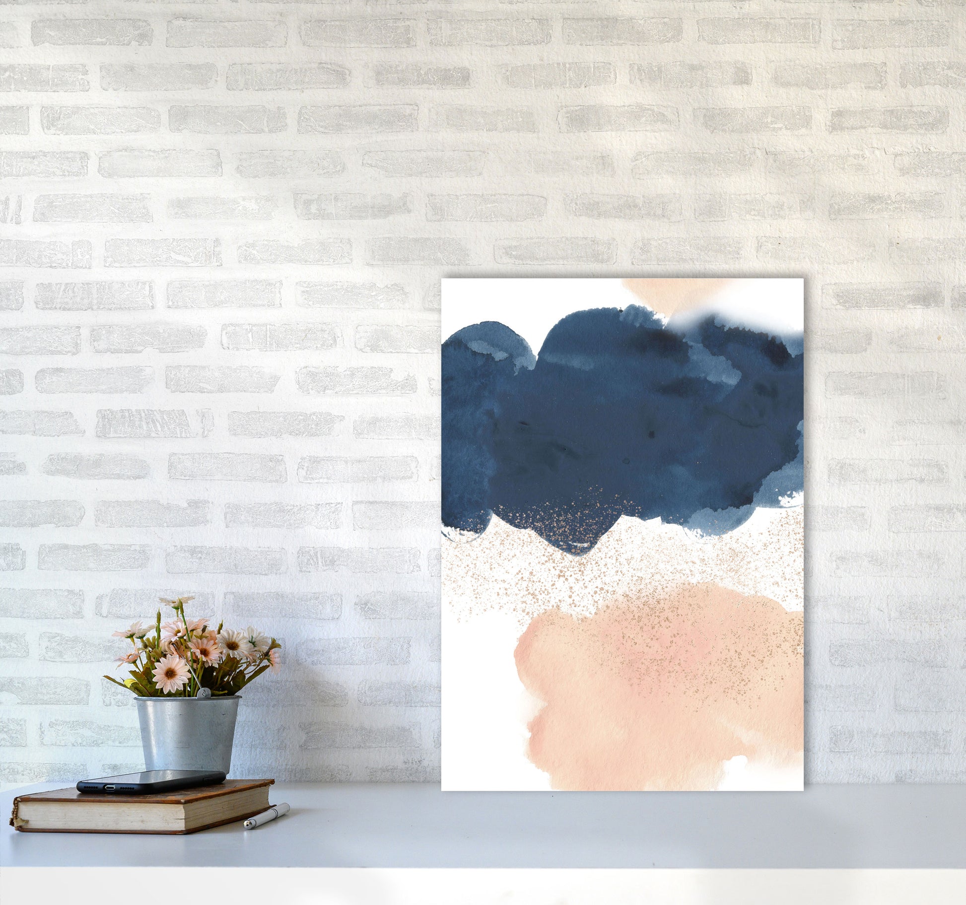 Aztec Blush and Navy Watercolour 03 Art Print by Pixy Paper A2 Black Frame