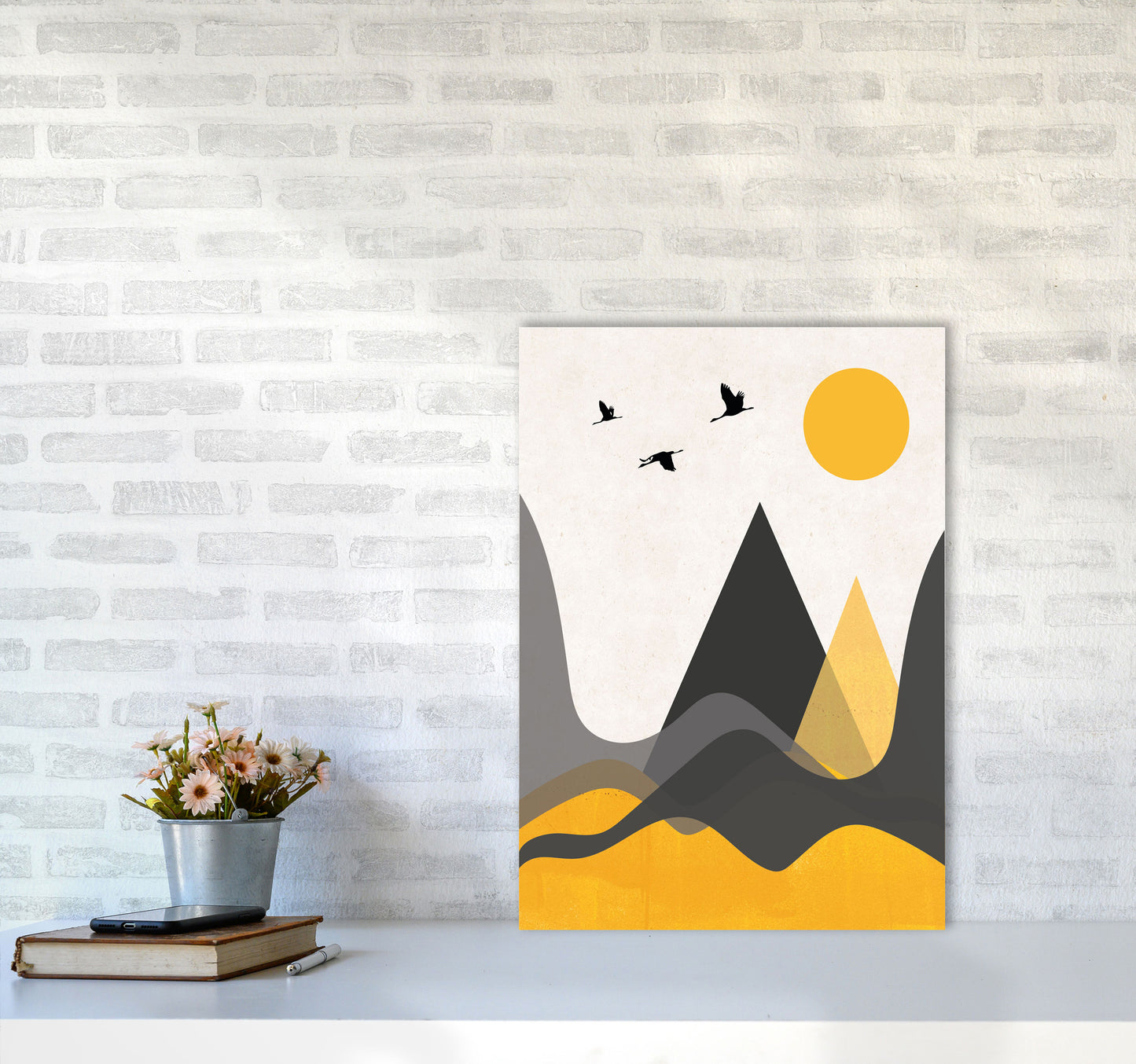 Hills and mountains mustard Art Print by Pixy Paper A2 Black Frame