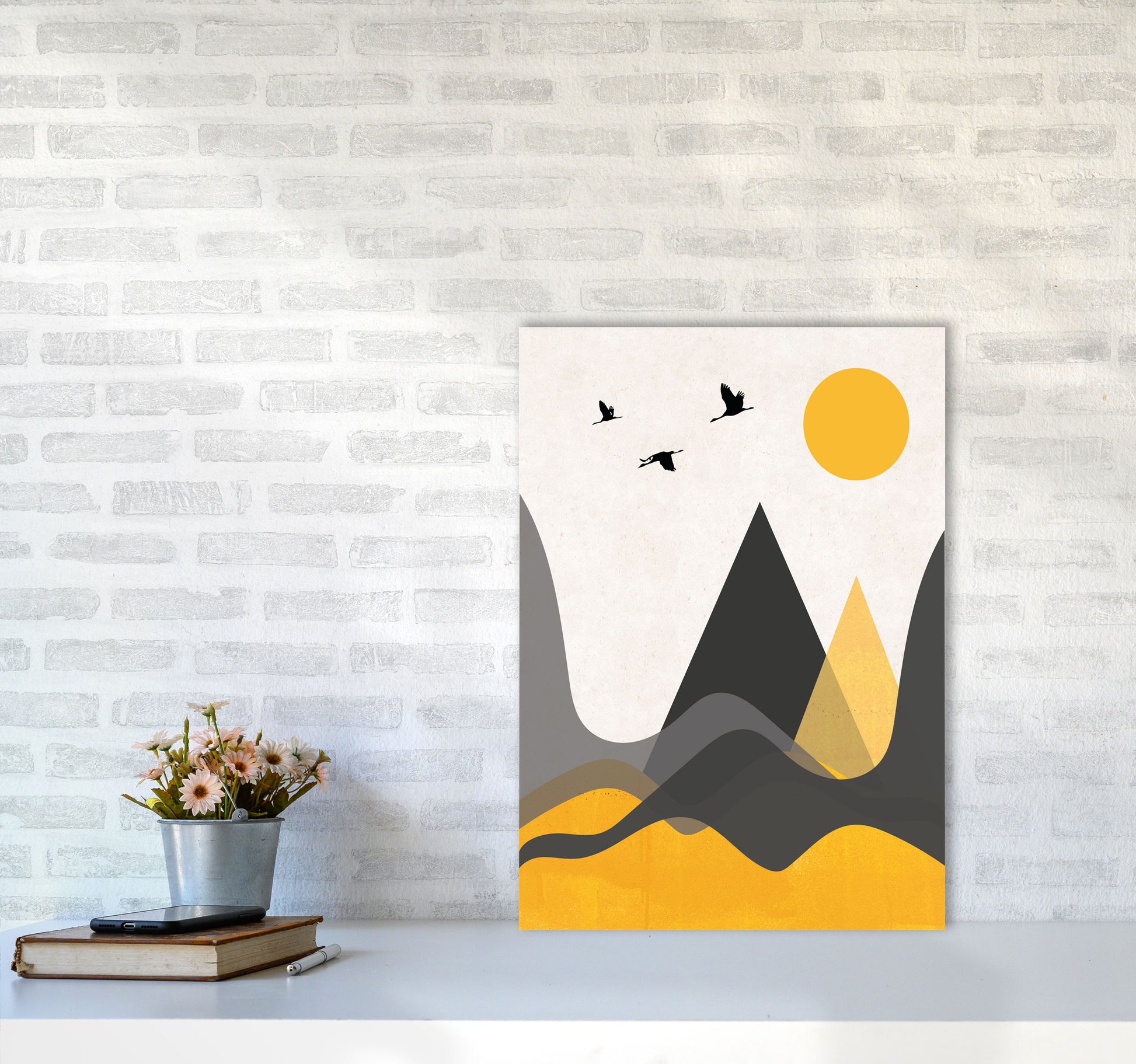 Hills and mountains mustard Art Print by Pixy Paper A2 Black Frame