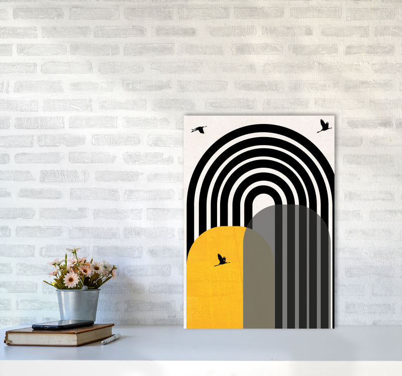 Giant rainbow with birds mustard Art Print by Pixy Paper A2 Black Frame