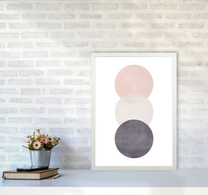 Cotton, Pink And Grey Abstract Circles Modern Print A2 Oak Frame