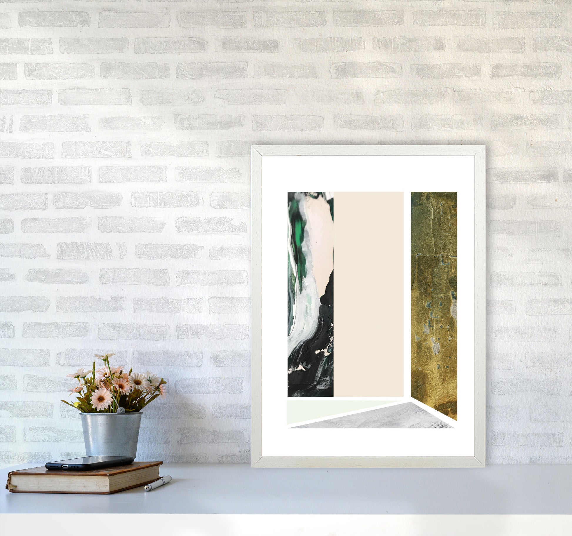 Textured Peach, Green And Grey Abstract Rectangle Shapes Modern Print A2 Oak Frame