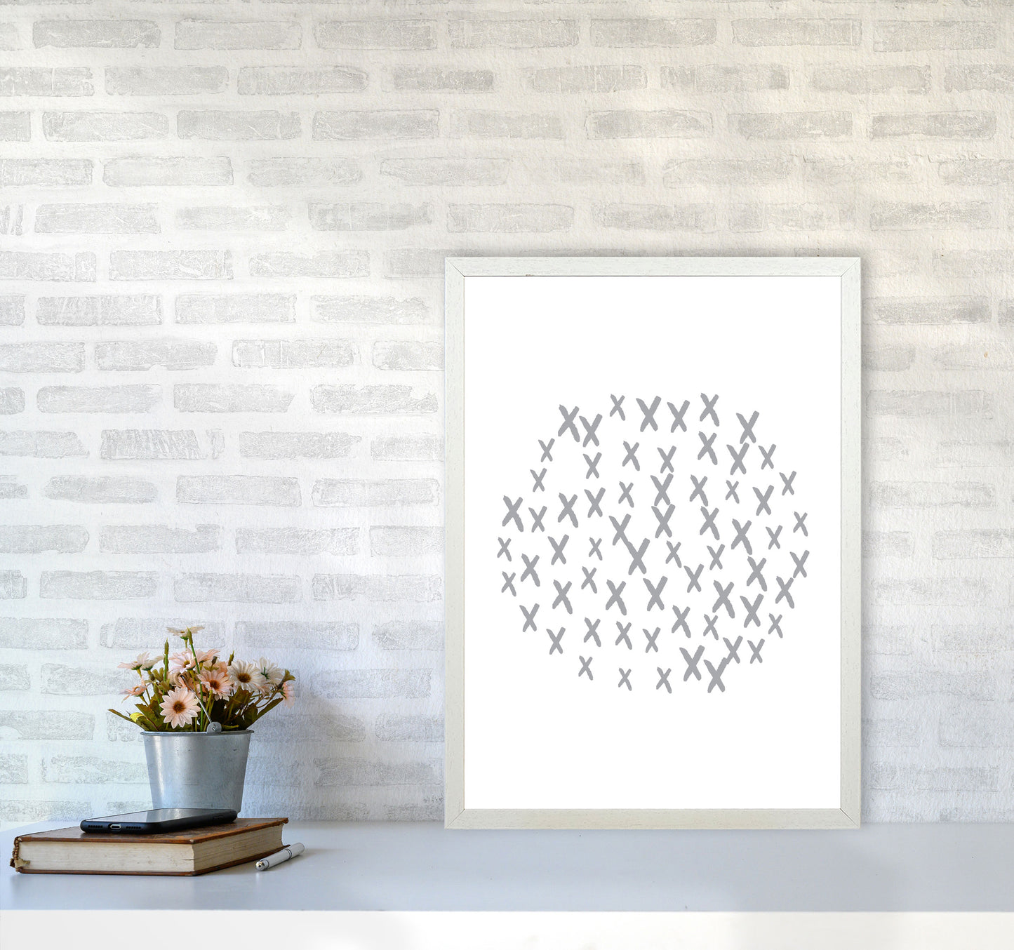 Grey Crosses Circle Abstract Modern Print A2 Oak Frame