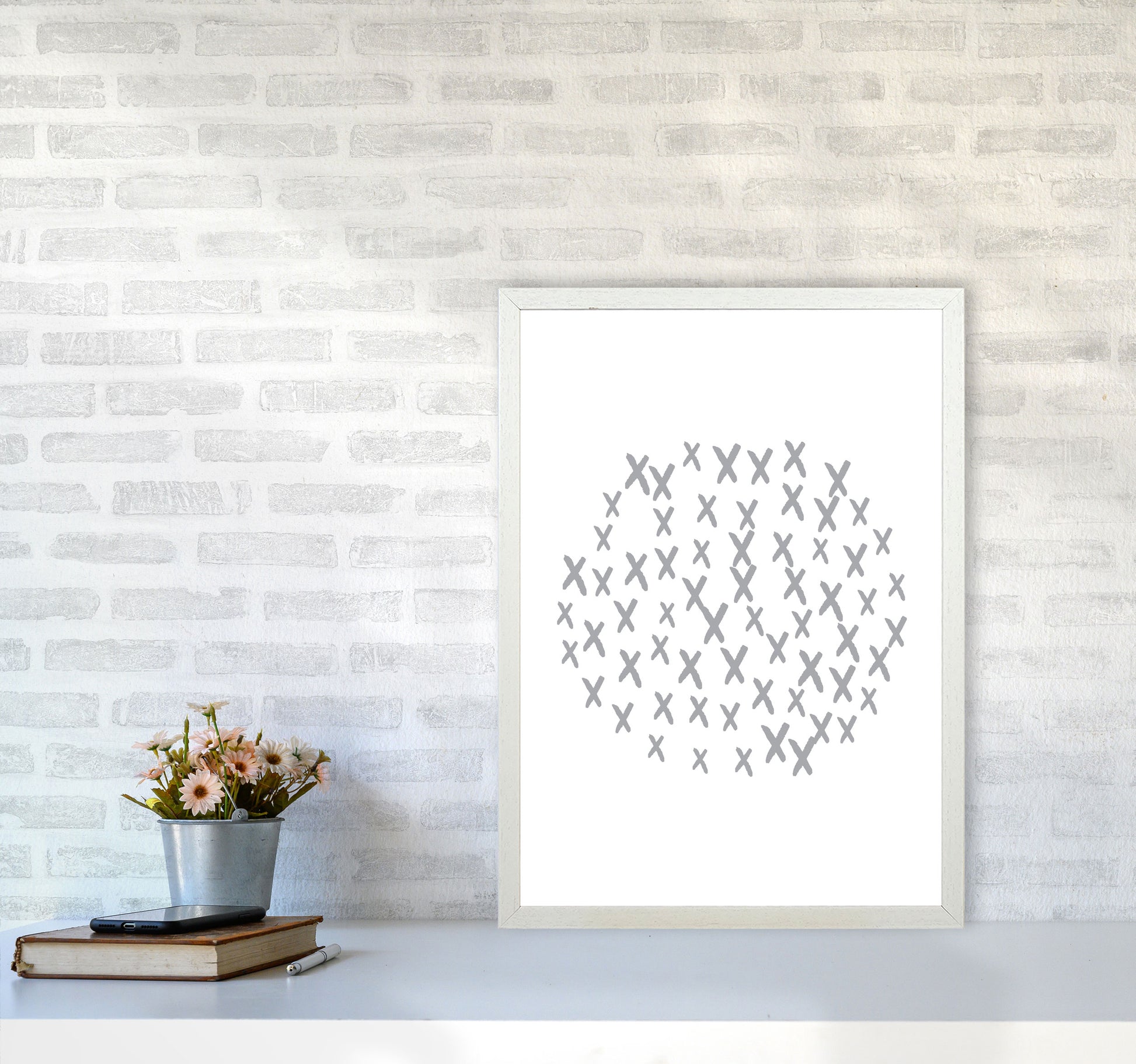 Grey Crosses Circle Abstract Modern Print A2 Oak Frame