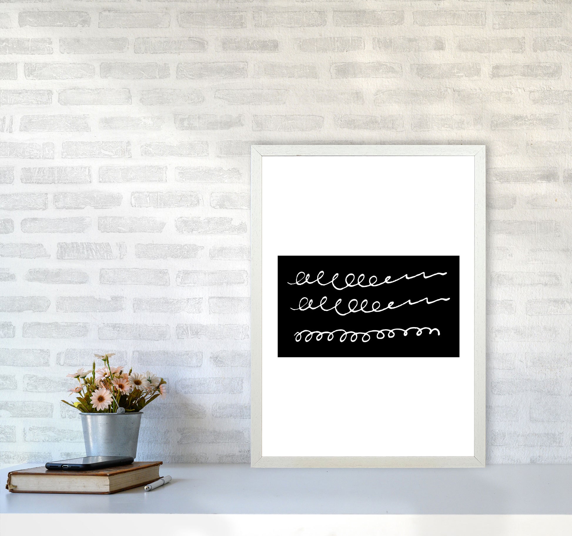 Black Rectangle Swirls Abstract Modern Print A2 Oak Frame