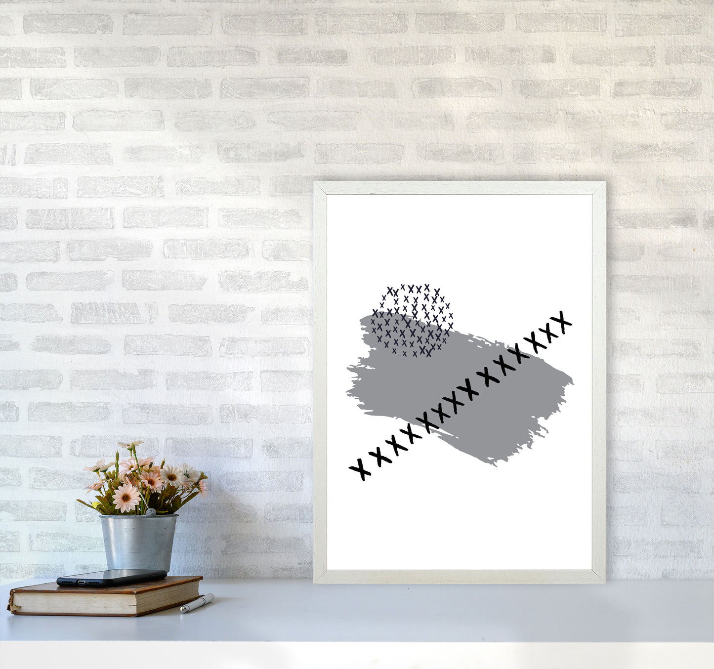 Grey X Paint Brush Abstract Modern Print A2 Oak Frame