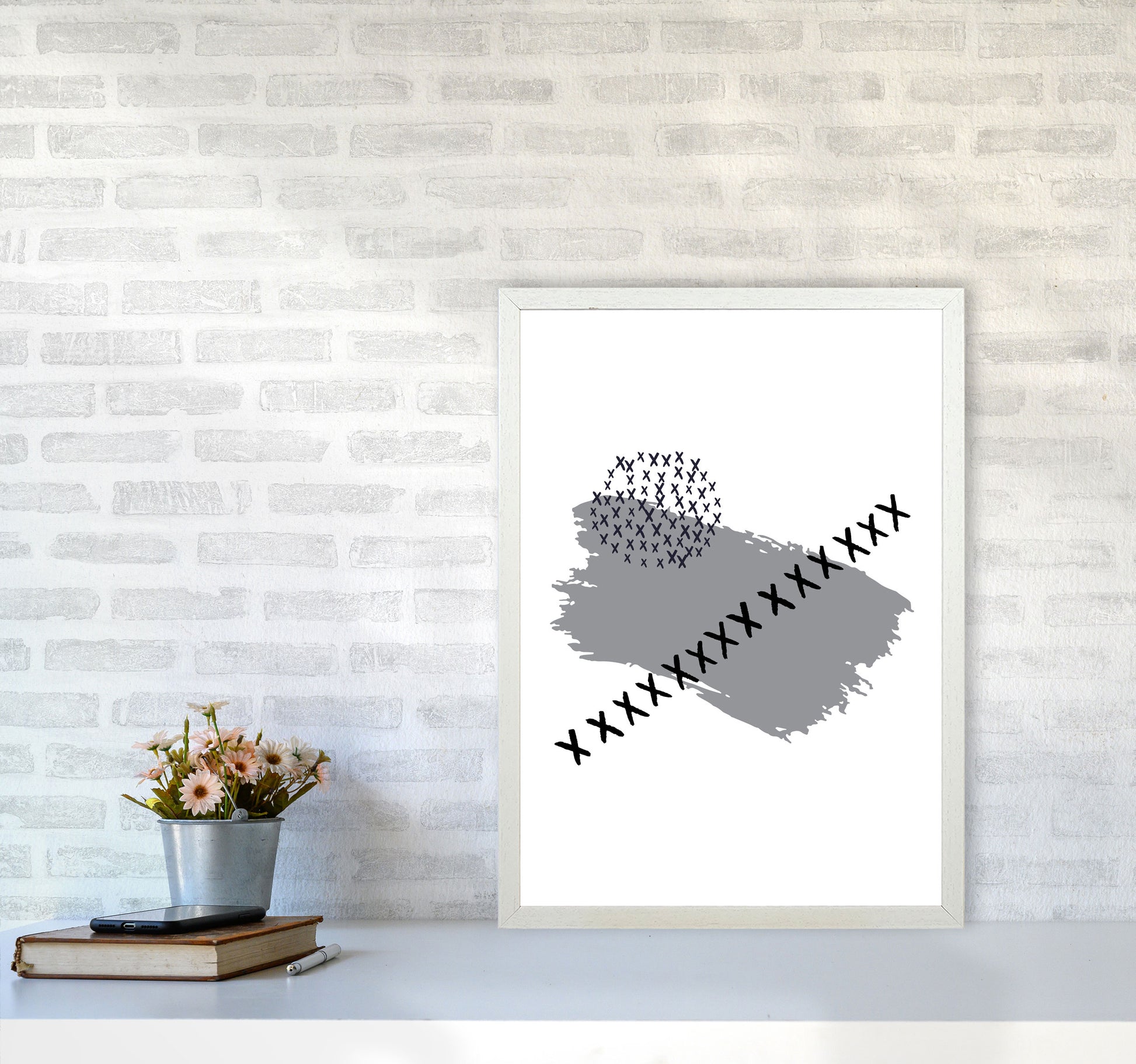 Grey X Paint Brush Abstract Modern Print A2 Oak Frame