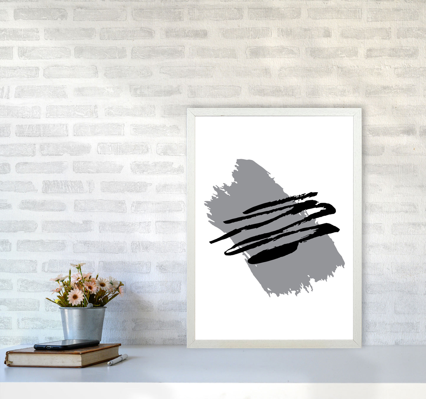 Grey Jaggered Paint Brush Abstract Modern Print A2 Oak Frame