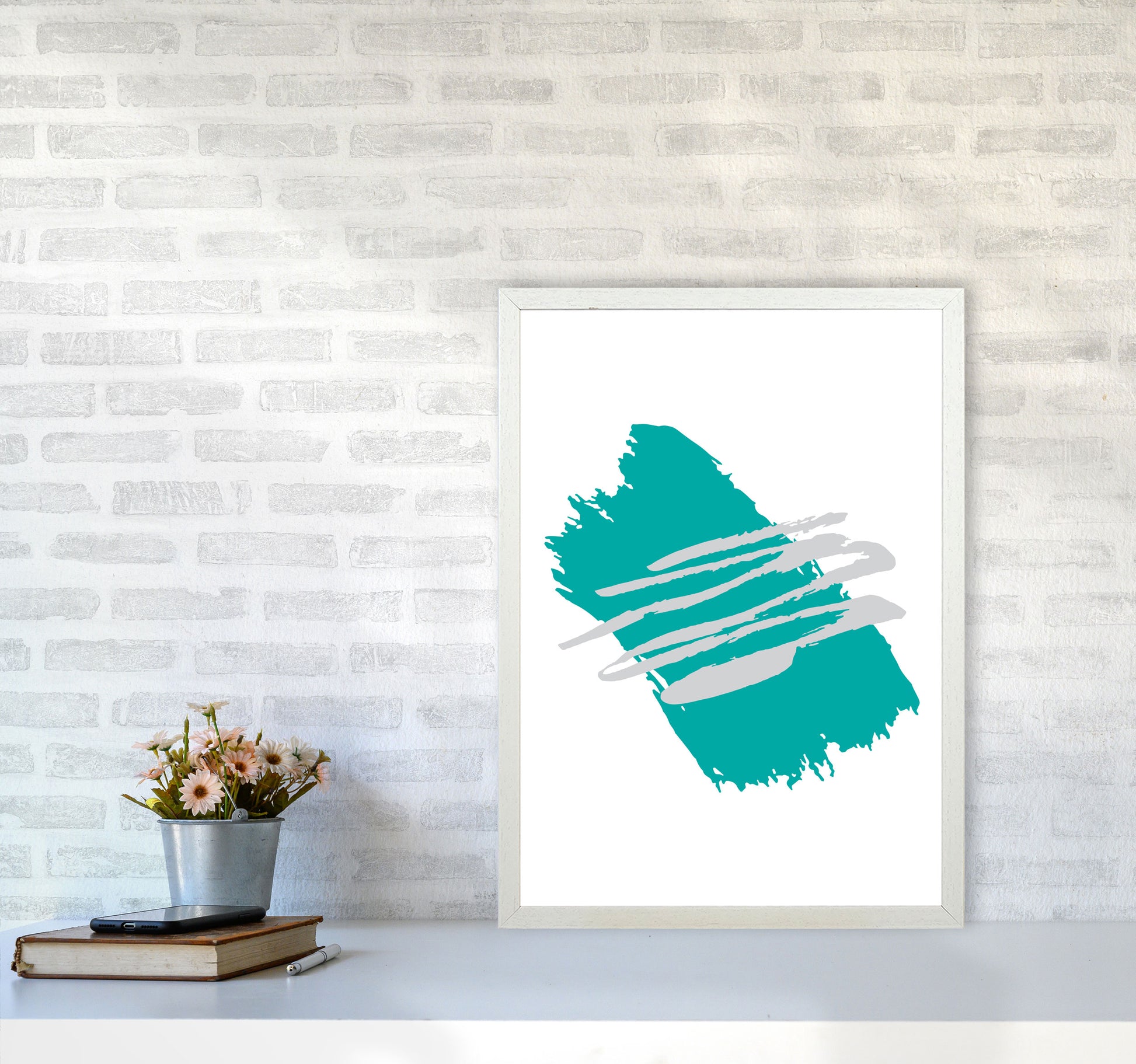 Teal Jaggered Paint Brush Abstract Modern Print A2 Oak Frame