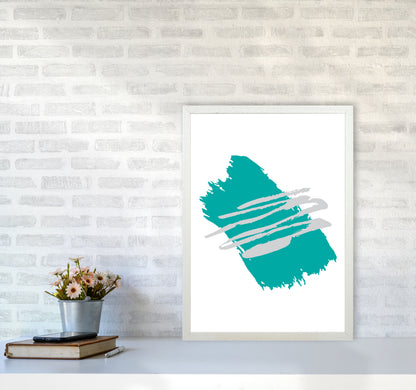 Teal Jaggered Paint Brush Abstract Modern Print A2 Oak Frame