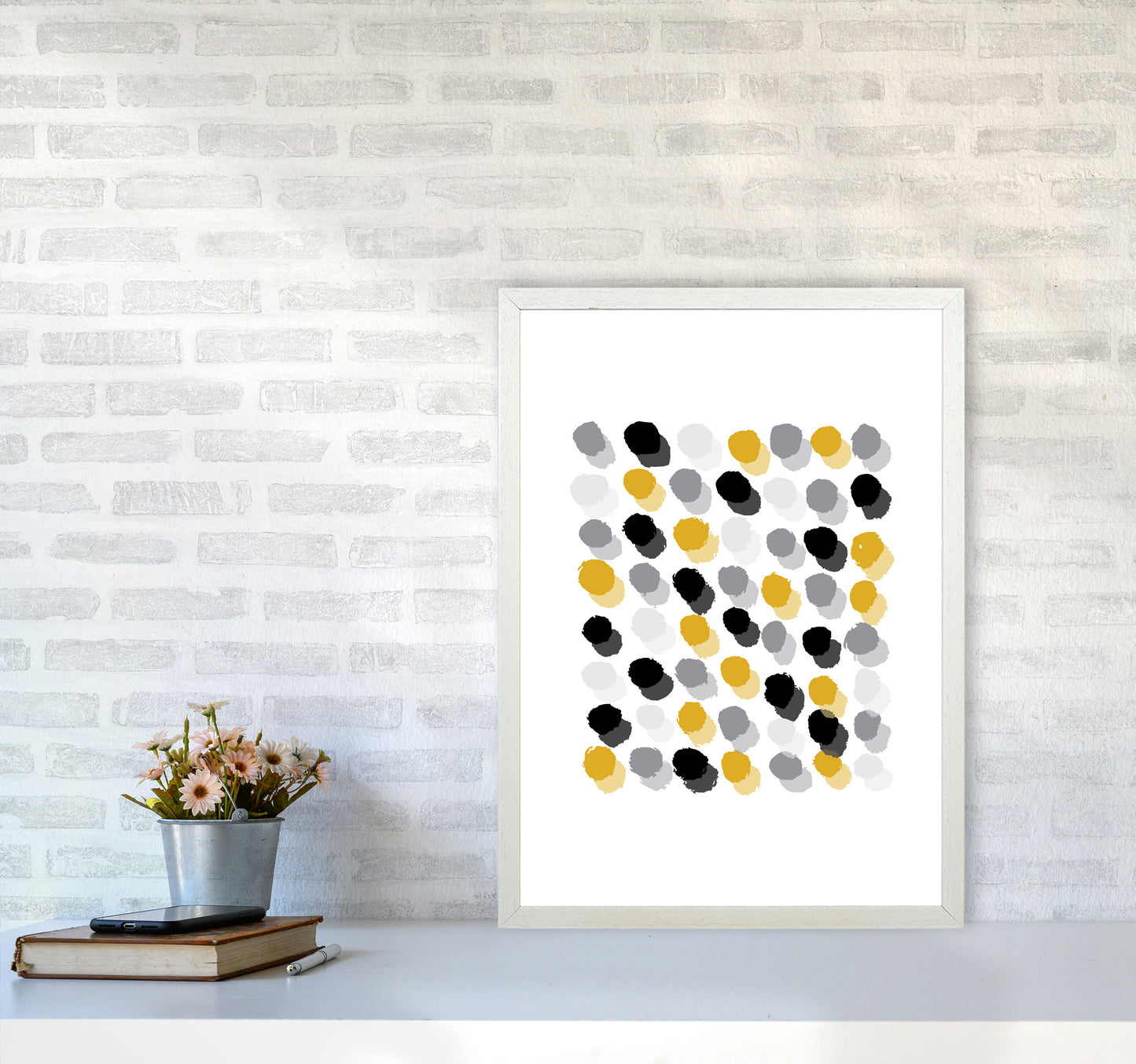 Mustard Polka Dots Abstract Modern Print A2 Oak Frame
