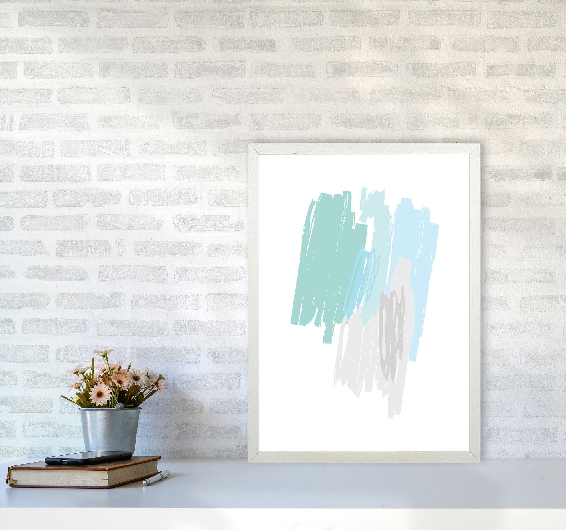 Mint Scribbles Abstract Drawings Modern Print A2 Oak Frame