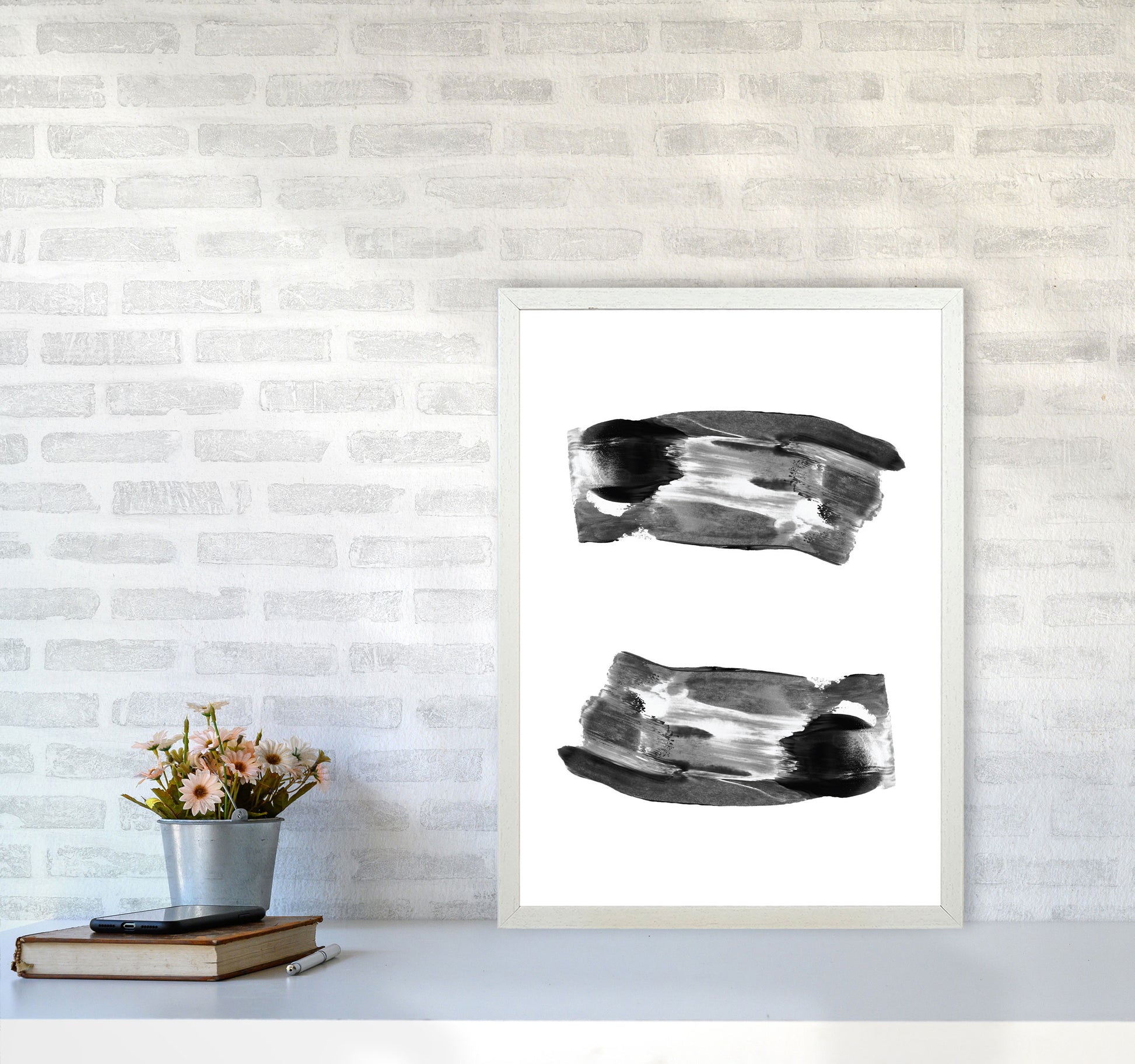 Black Abstract Paint Strokes Modern Print A2 Oak Frame