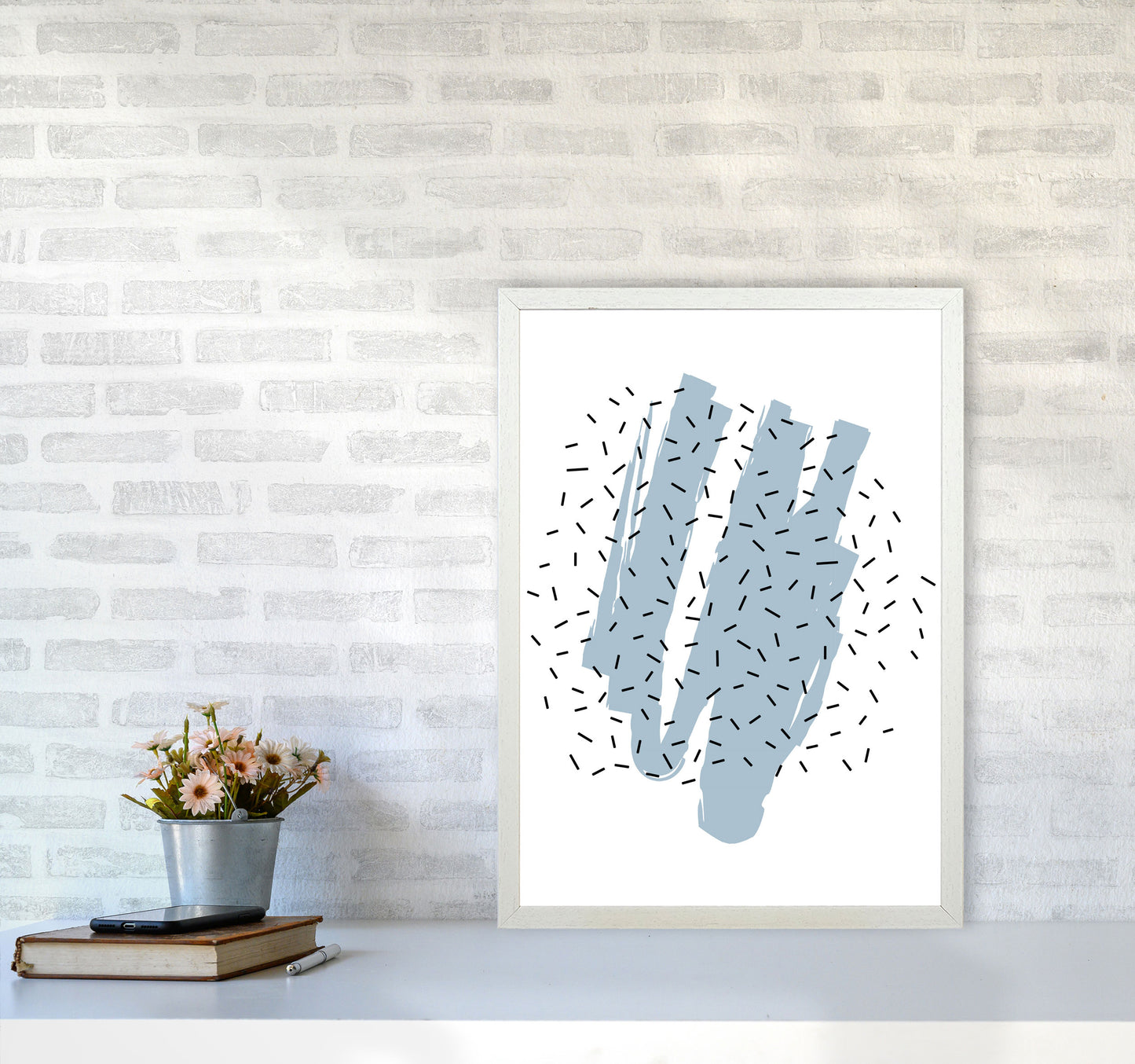 Blue Paint With Black Polka Abstract Modern Print A2 Oak Frame
