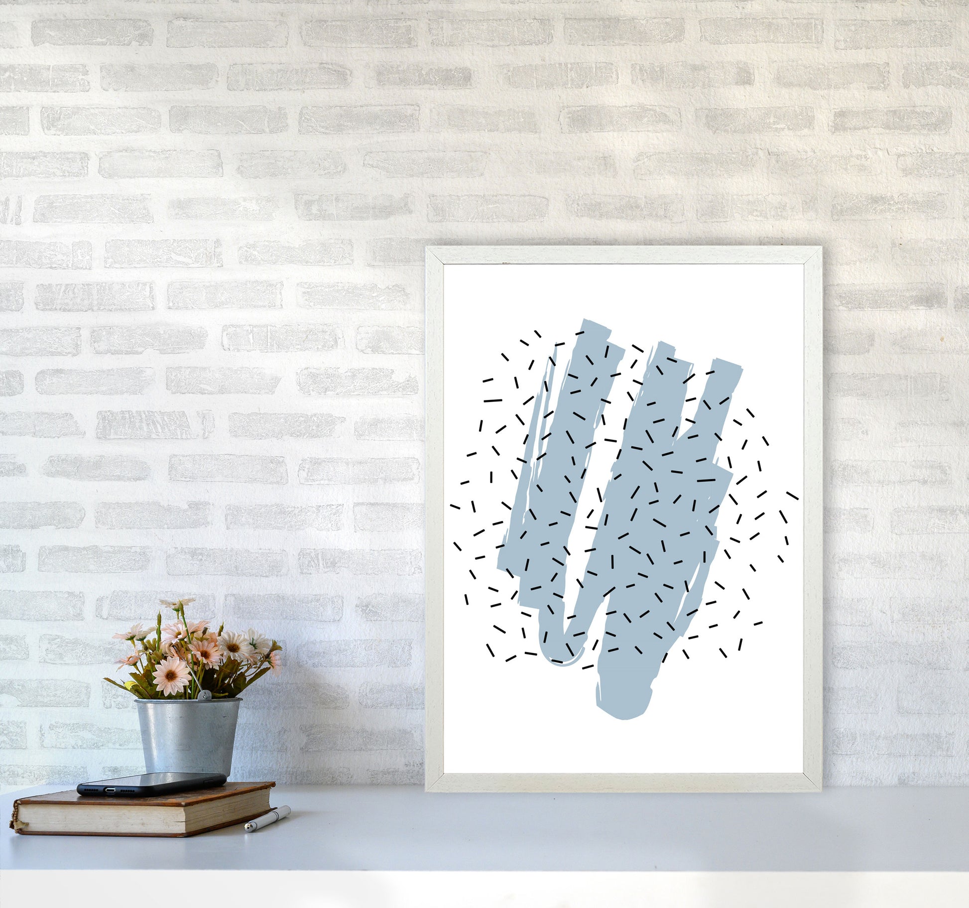 Blue Paint With Black Polka Abstract Modern Print A2 Oak Frame