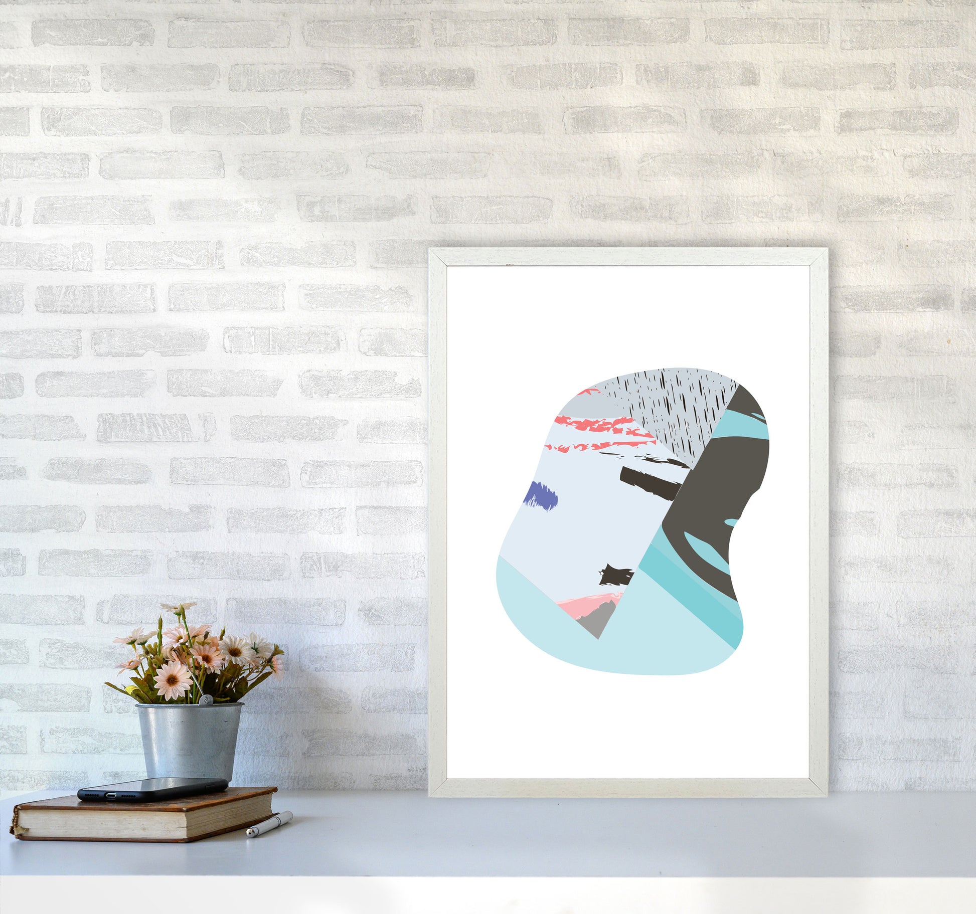 Teal Abstract Patterns Shape Modern Print A2 Oak Frame