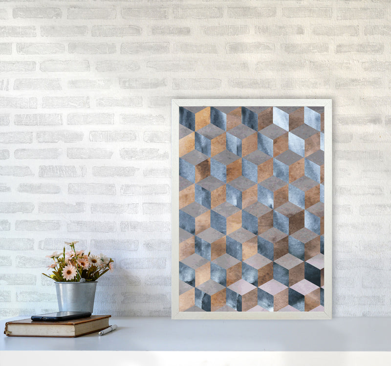 Blue, Grey And Brown Abstract Watercolour Box Modern Print A2 Oak Frame