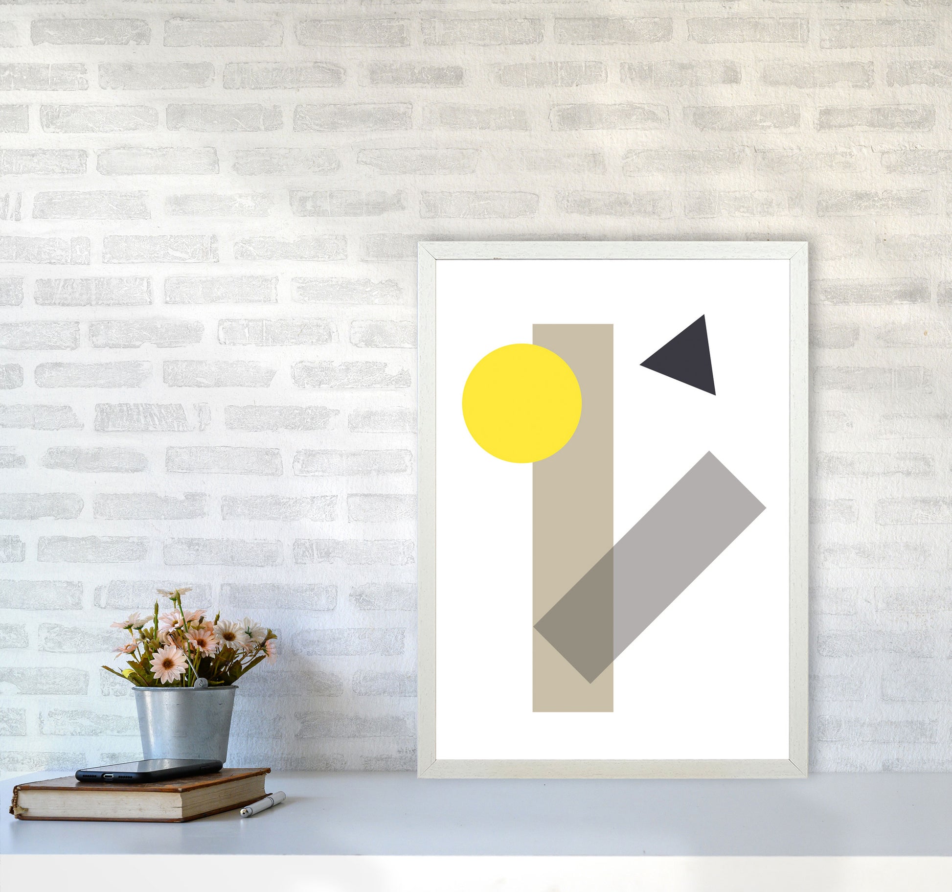 Random Yellow Geo Styles 3 Modern Print A2 Oak Frame