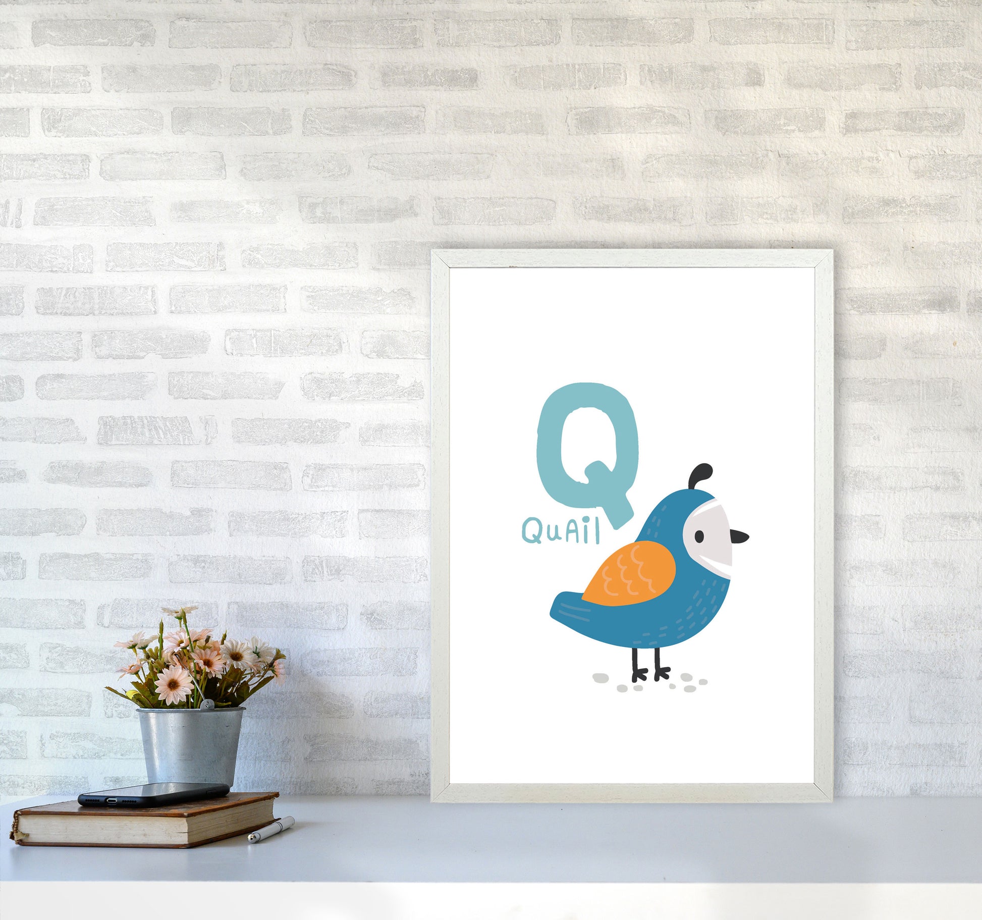 Alphabet Animals, Q Is For Quail Framed Nursey Wall Art Print A2 Oak Frame