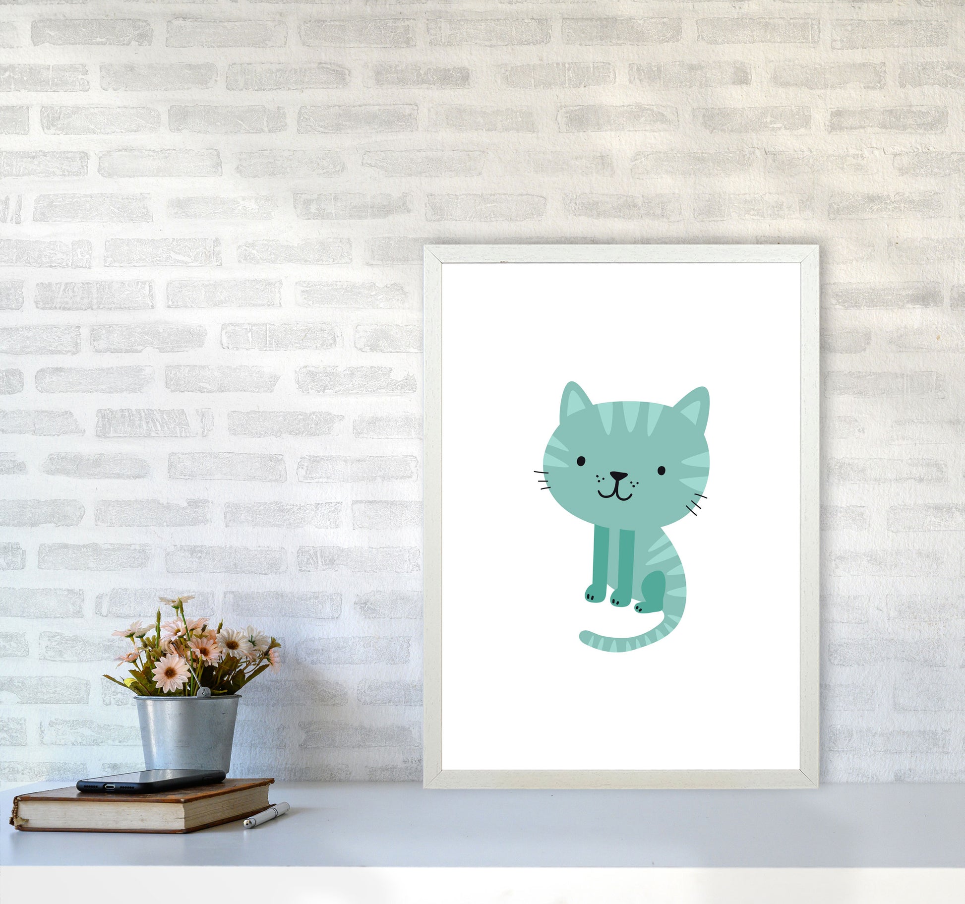 Children&#39;s Animals, Cat Modern Print A2 Oak Frame