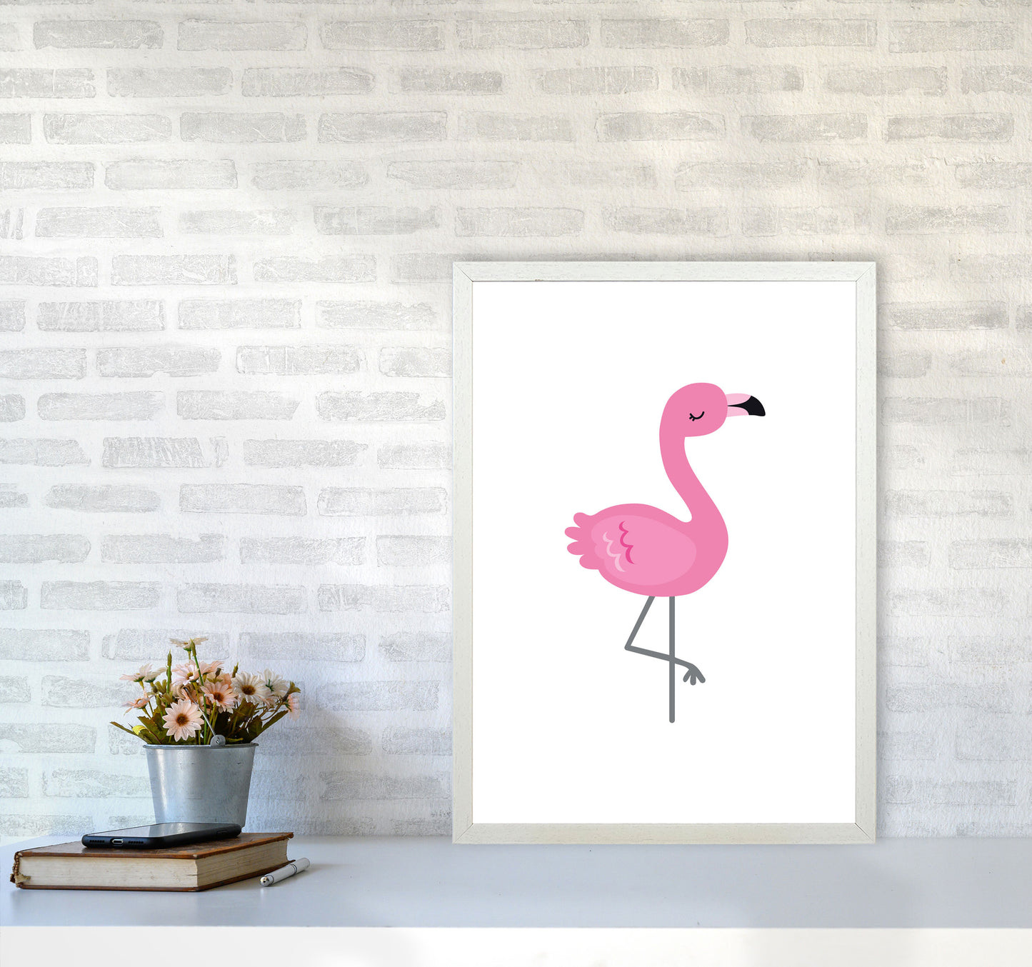 Children&#39;s Animals, Flamingo Modern Print A2 Oak Frame