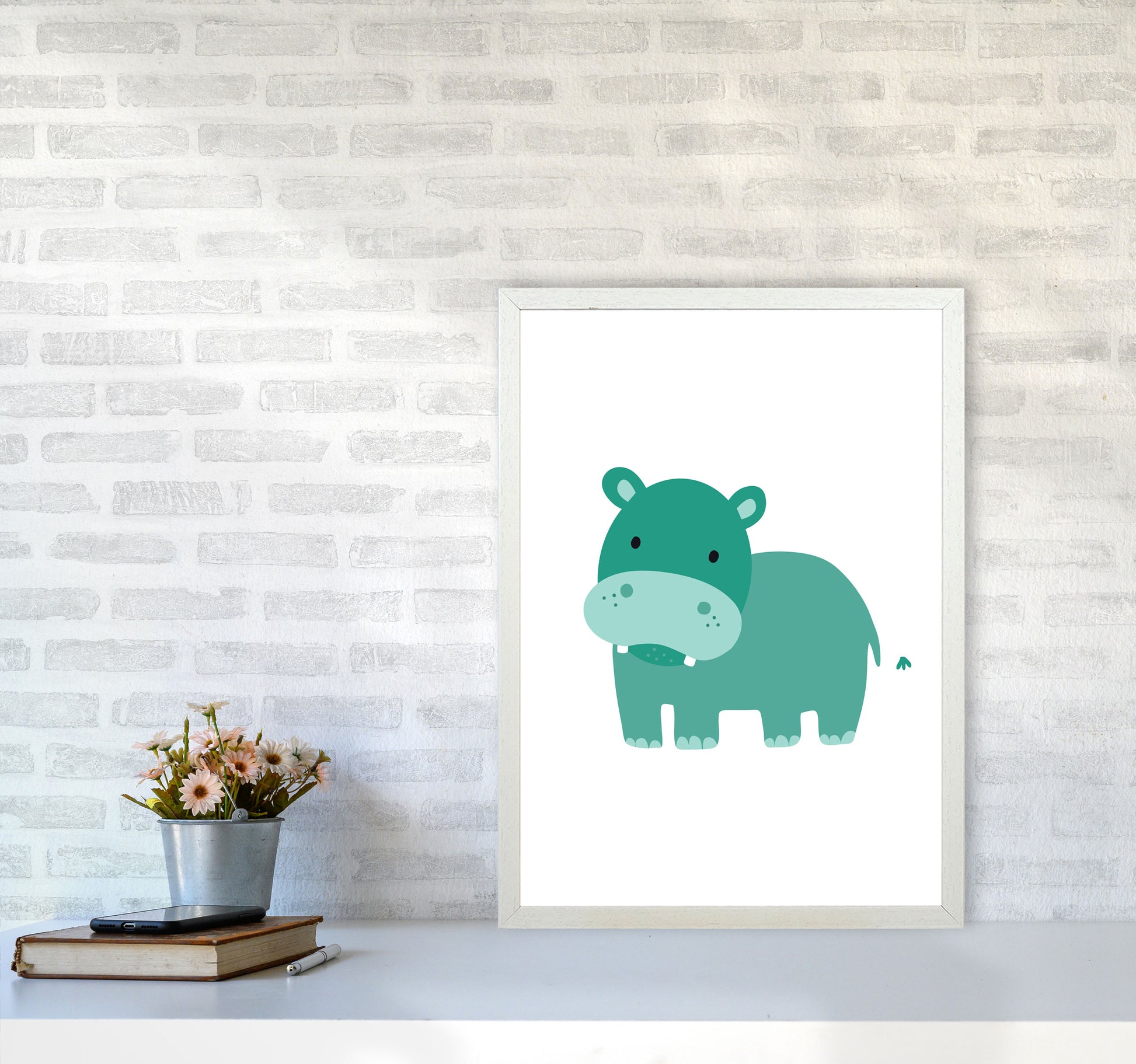 Children&#39;s Animals, Hippo Modern Print A2 Oak Frame