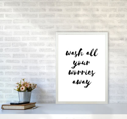 Wash All Your Worries Away, Bathroom Modern Print, Framed Bathroom Wall Art A2 Oak Frame