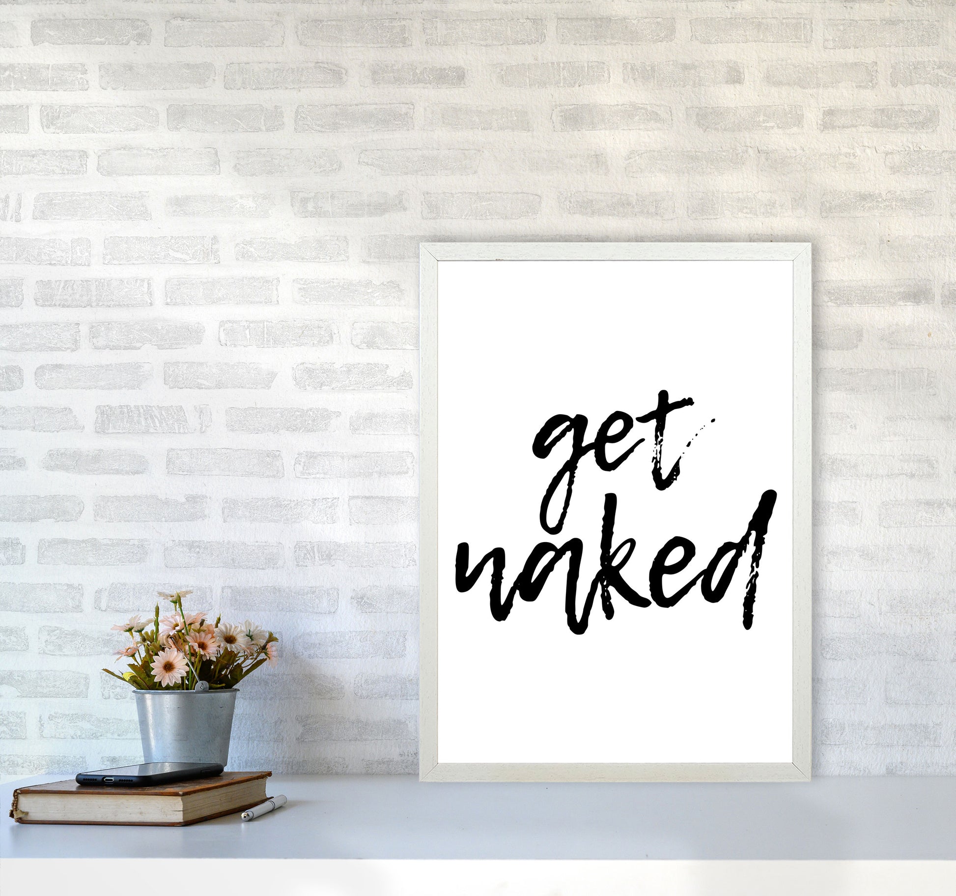 Get Naked, Bathroom Modern Print, Framed Bathroom Wall Art A2 Oak Frame