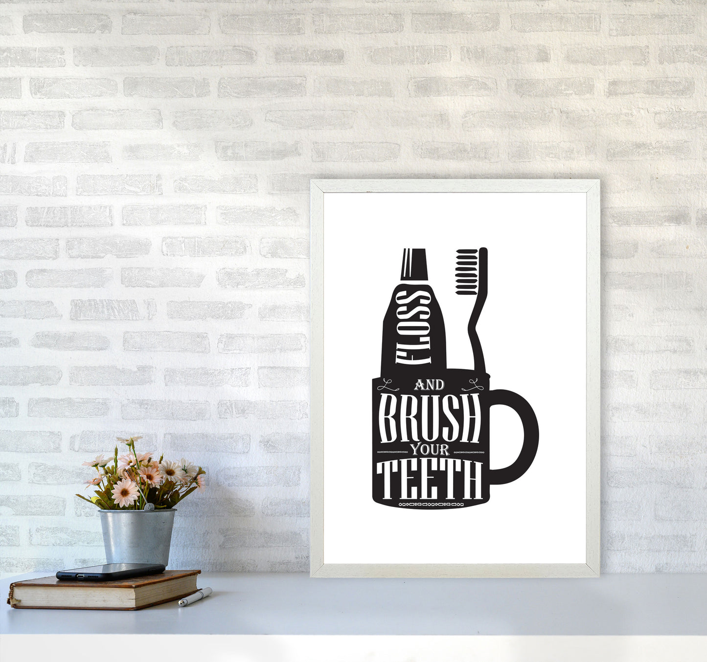 Brush Your Teeth, Bathroom Modern Print, Framed Bathroom Wall Art A2 Oak Frame