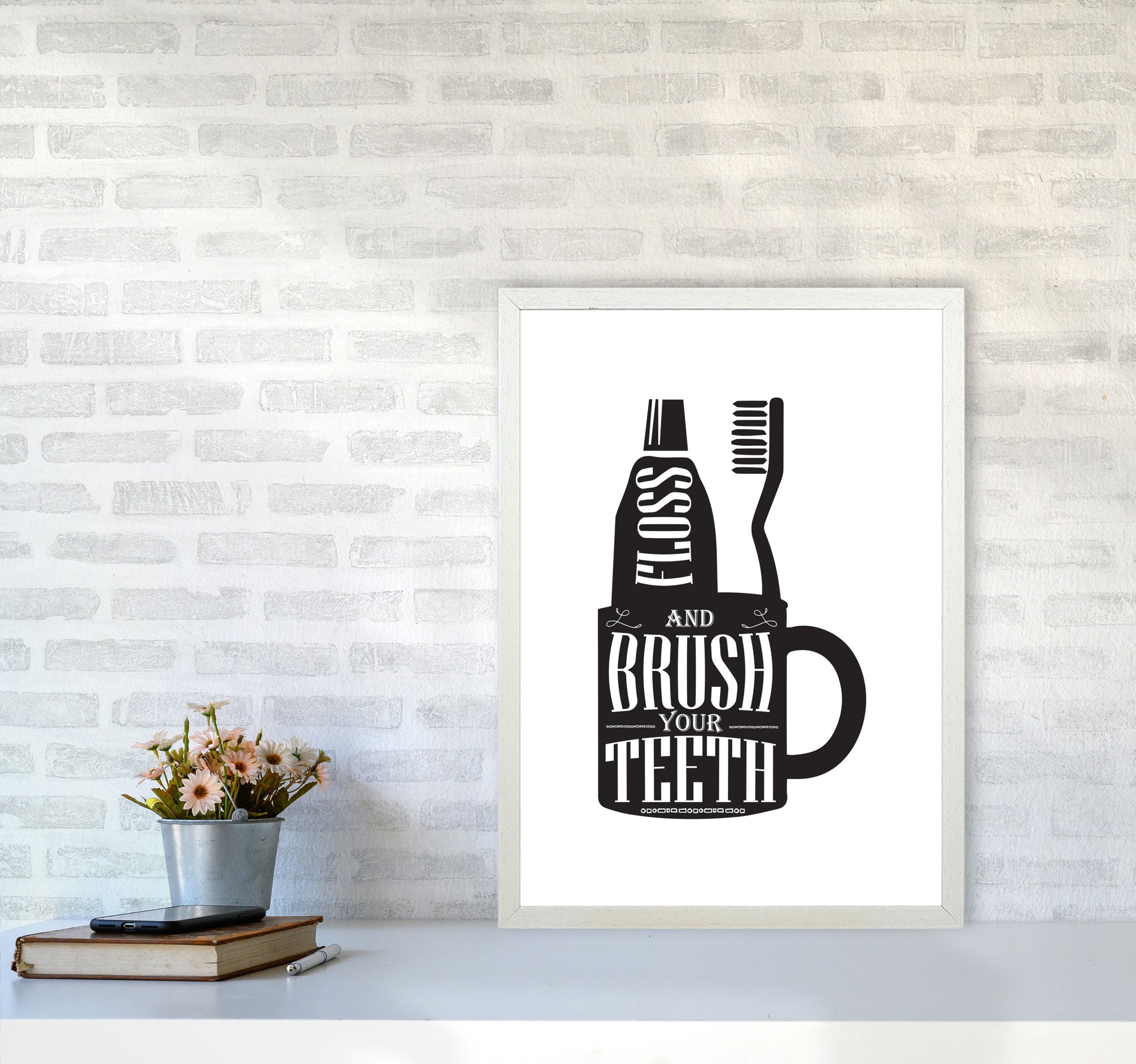 Brush Your Teeth, Bathroom Modern Print, Framed Bathroom Wall Art A2 Oak Frame