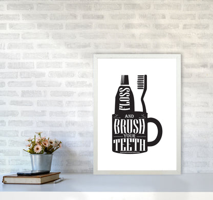 Brush Your Teeth, Bathroom Modern Print, Framed Bathroom Wall Art A2 Oak Frame