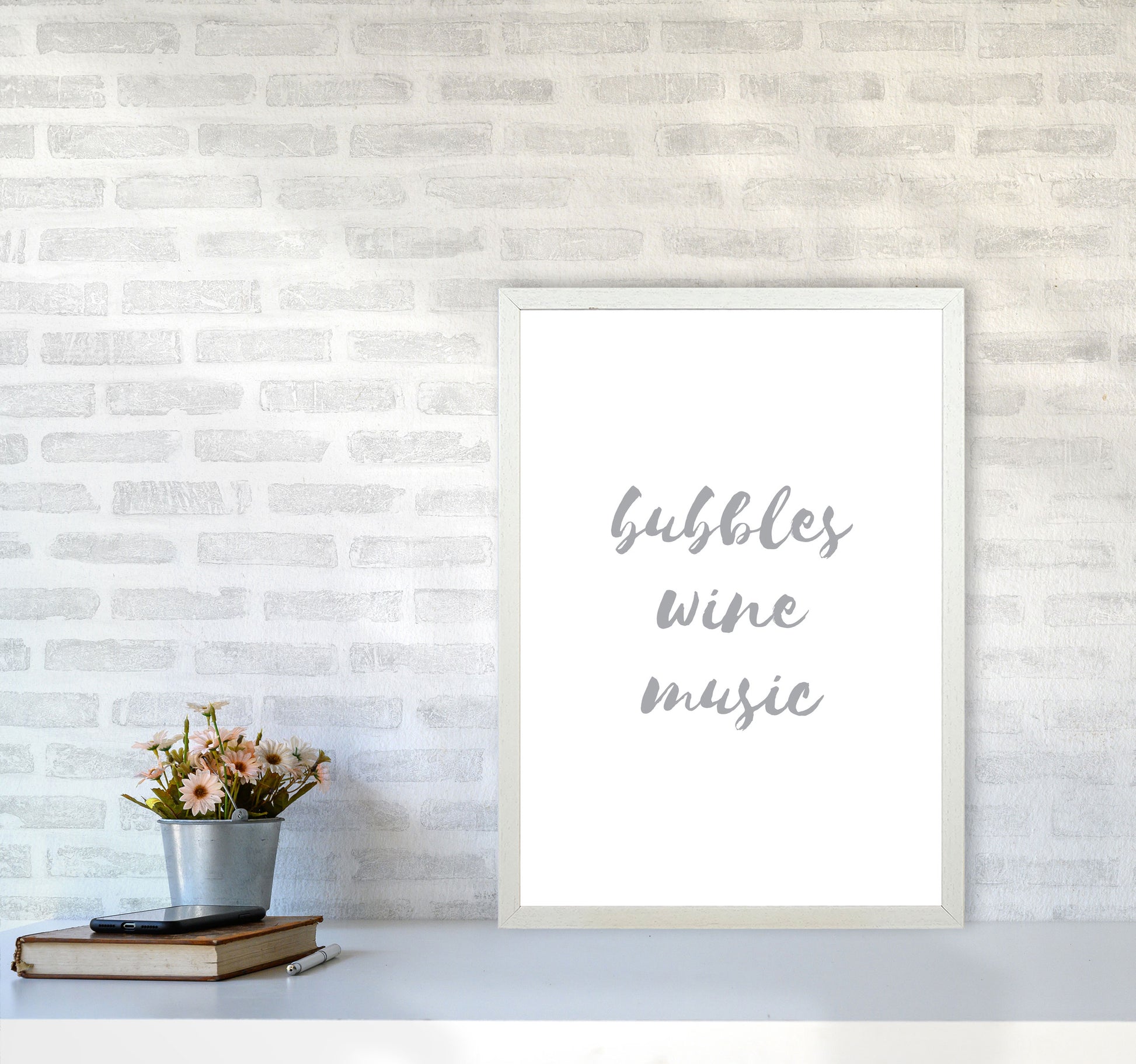 Bubbles Wine Music Grey, Bathroom Framed Typography Wall Art Print A2 Oak Frame